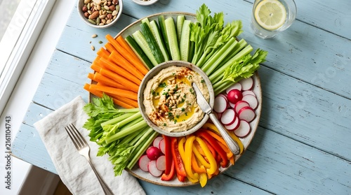 Healthy vegetable platter with hummus dip fresh appetizer arrangement