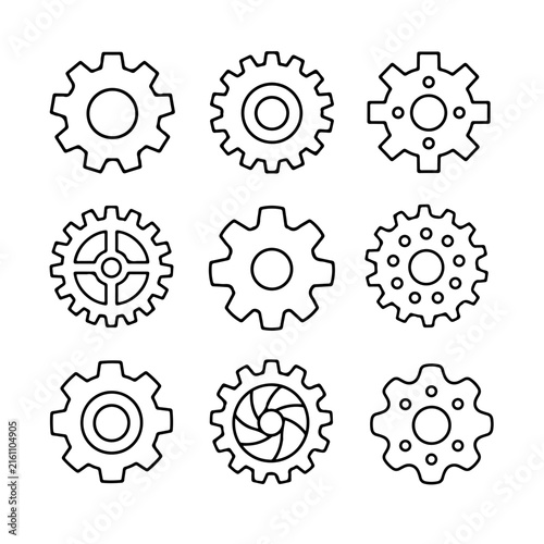 A collection of nine distinct gear icons is arranged in a grid pattern on a white.