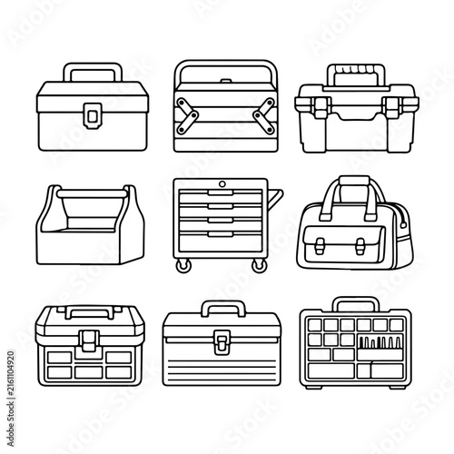 A collection of various tool storage containers and boxes is displayed in a line art style.