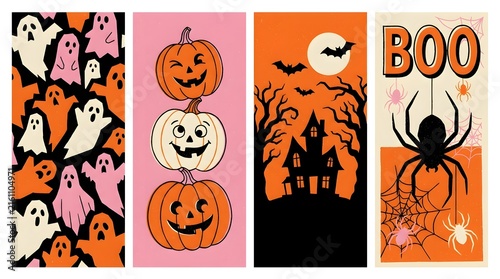 A delightful collection of vintage halloween backgrounds featuring playful ghosts grinning pumpkins spooky silhouettes and a creepy crawly spider perfect for creating a festive and