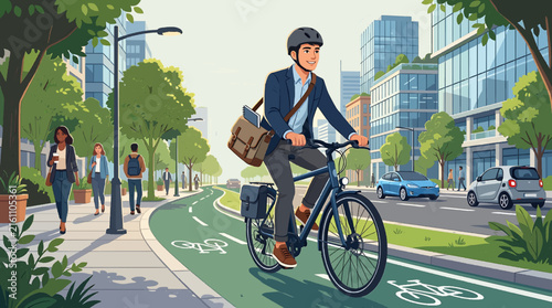 A businessman cycles to work in a modern city with a dedicated bike lane, promoting eco-friendly commuting