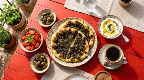 Savory herb flatbread with mediterranean sides and coffee