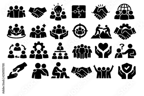 Teamwork and Business Collaboration Solid Icon Set, Corporate People Vector