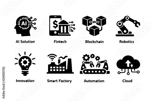 industry 4.0 and Smart Factory Solid Icon Set, Automation Technology Vector