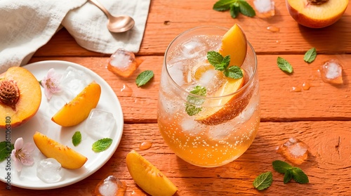 Refreshing peach drink with ice and mint on wooden table