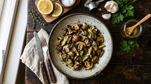 Cooked mushrooms with herbs and lemon on rustic table overhead view