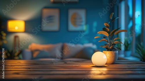 Cozy living room at night, illuminated by warm light.