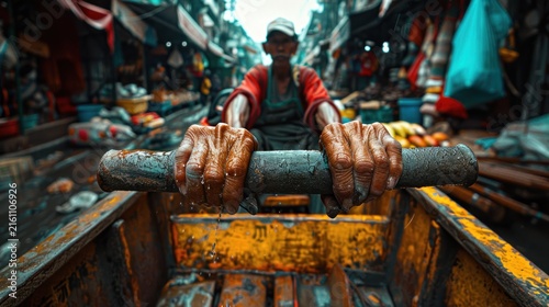 Man's hands gripping cart handles in busy market.