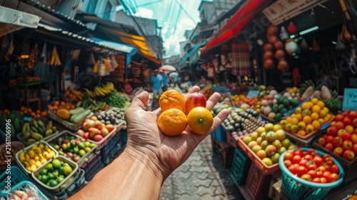 Hand holding oranges at vibrant market.