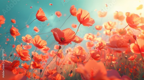 Vibrant red poppies in a sunlit field.