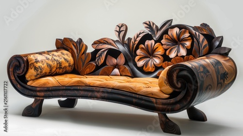 Intricately carved wooden chaise lounge with floral motifs.