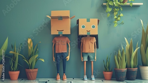 Cartoon couple with boxes on heads.