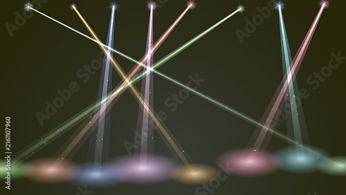 Bright multicolor stage spotlights casting light beams downward creating glow effect with spotlights lighting performance colorful illumination background entertainment radiance luminosity