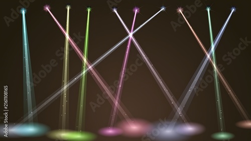 Dynamic colorful stage spotlights shining multiple bright beams across a dark background setting with spotlight illumination background performance lighting entertainment atmosphere luminosity