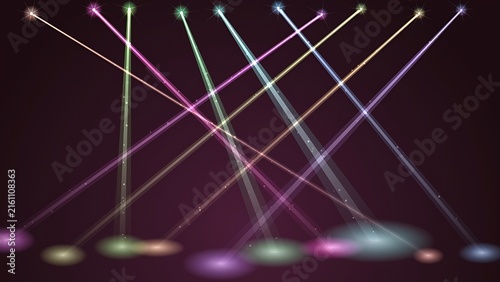 Bright colorful stage lighting design featuring intersecting spotlight beams and glowing floor spots against a dark background spotlight lighting colorful background illumination performance
