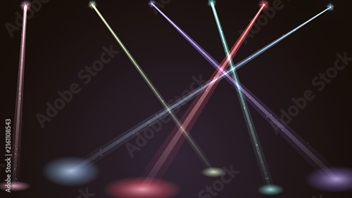 Colorful stage spotlights and laser beams shining down against a dark background creating dramatic lighting effects for events and performances with spotlight colorful background performance