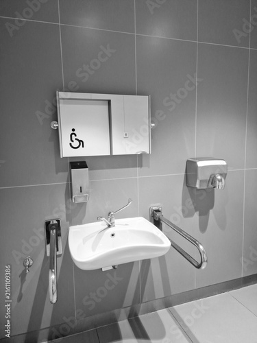 Modern wheelchair accessible restroom interior with grab bars and custom sink.