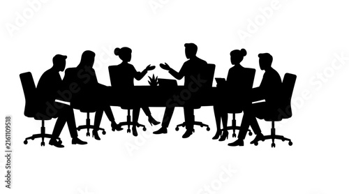 Business meeting with people sitting around a conference table discussing ideas isolated on transparent background, Vector