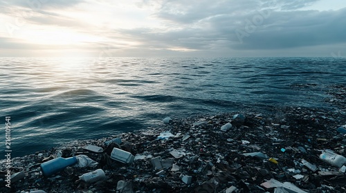 Plastic pollution litters a beach at sunset, highlighting the environmental impact of waste.