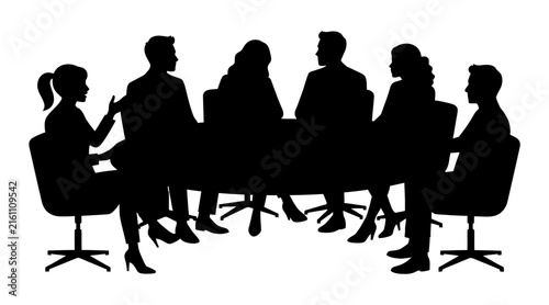 Black silhouette people meeting around a table in a circle isolated on transparent background, Vector