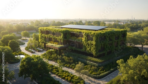 Modern sustainable office building wrapped in lush vertical gardens with solar roof panels at sunset with displays contemporary eco friendly building covered dense green foliage