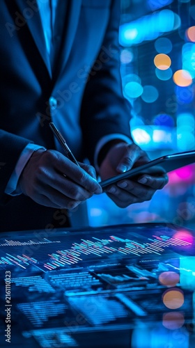 Businessman analyzing data on a digital interface at night.