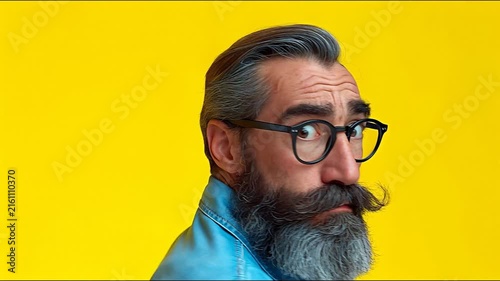 A surprised bearded man with glasses turns his head against a yellow background.