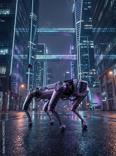 Futuristic quadruped robot dog standing on a wet city street at night with flying drones and neon skyscrapers