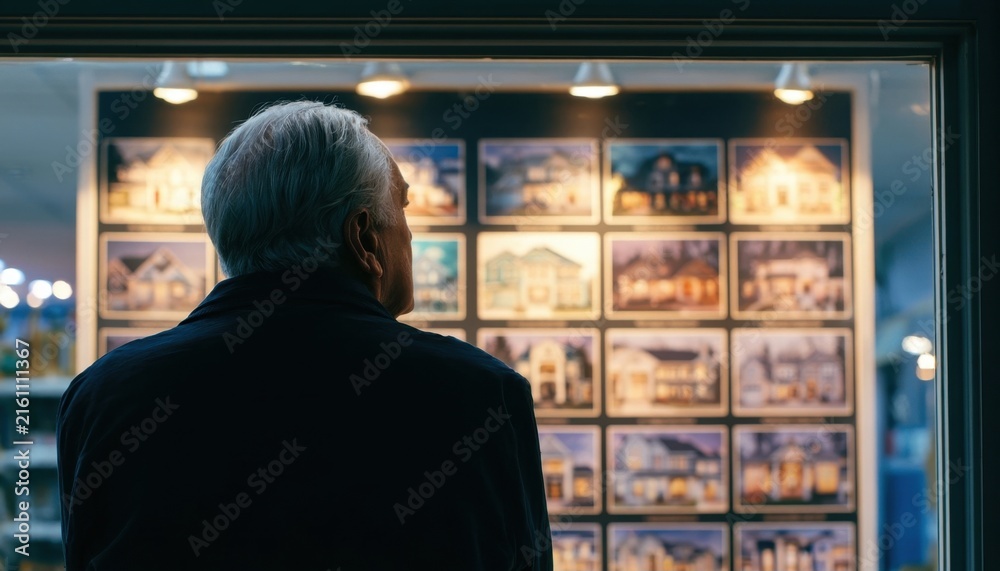 Fototapeta premium Elderly man with silver hair viewing illuminated architectural photographs in a gallery window