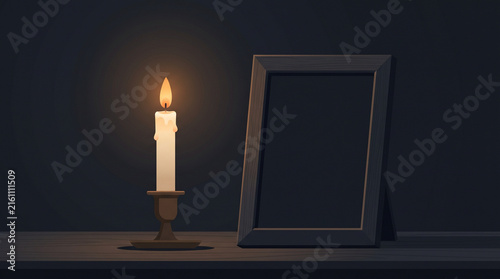 Memorial Lit Candle with Blank Wooden Picture Frame for Obituary and Condolence Vector Background
