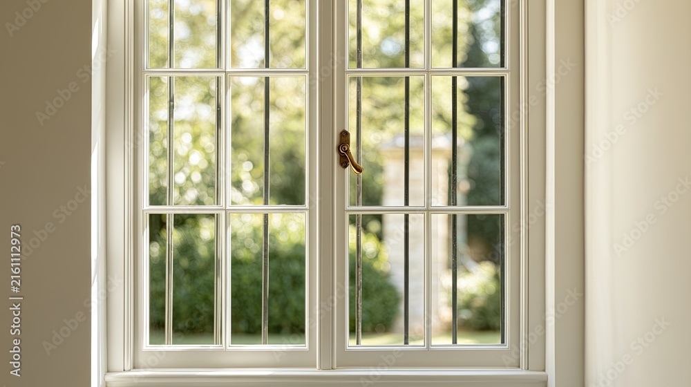 Fototapeta premium Bright sunlight streams through a vintage grid window onto a lush garden