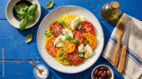 Fresh tomato mozzarella salad with basil and olive oil