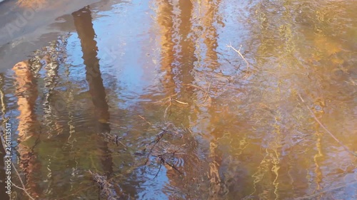 A river of melted snow in spring. The water is brownish due to iron contamination. A tranquil scene evoking quiet solitude and natural beauty.