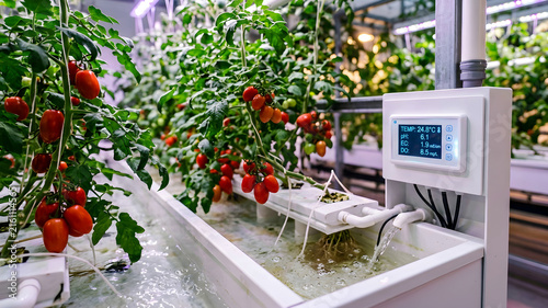 Close up view of a hydroponic system featuring healthy tomato plants with ripe red tomatoes