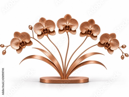 Rose gold orchid arrangement on white background