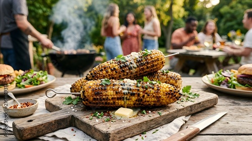 Delicious grilled corn on skewers with butter and herbs outdoors