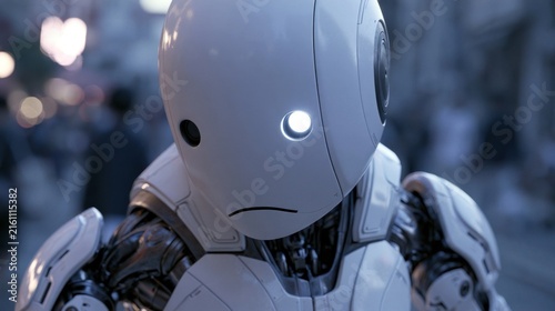 Futuristic humanoid robot with glowing blue eye in urban night setting