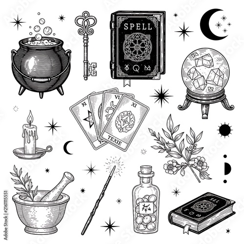 Black and white witchcraft and magic elements illustration set