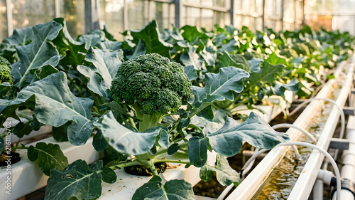 Close up of lush green broccoli plants in a hydroponic greenhouse with rows extending into the