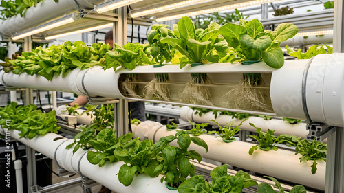 Green leafy plants growing in hydroponic tubes with white pvc pipes system modern agriculture and