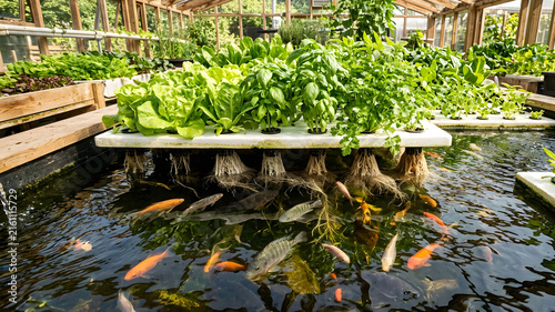 Medium shot of vibrant symbiotic aquaculture pond with fish swimming beneath lush leafy vegetables