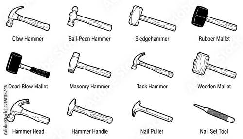 Foto Various Hammer Types Illustration Set with Detailed Designs and Labeled Names