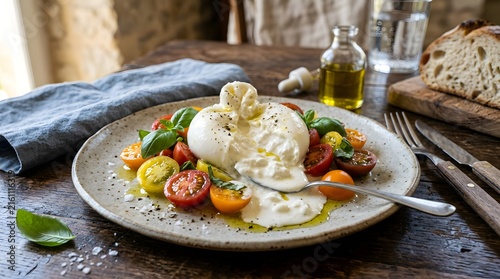 Fresh caprese salad with creamy burrata cheese and ripe tomatoes