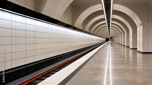 Minimalist empty metro station platform with repeating arches and tiled wall for architectural background and design poster banner template