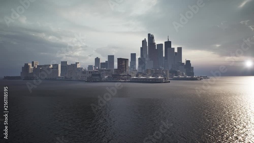 Modern Waterfront City Skyline Across Calm Water Static CGI Shot