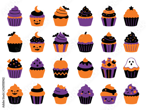 Halloween cupcakes vector assortment featuring halloween icons, halloween clipart, and sweet spooky elements in colors
