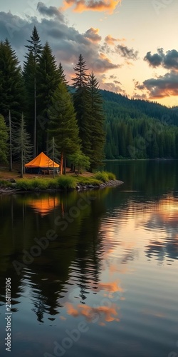 Orange Camping Tent Beside Calm Forest Lake at Sunset