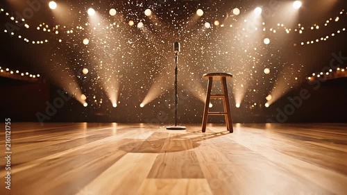 Wooden 3D stage organic podium with lights and glitter concept. Empty stage with wooden stool and microphone surrounded by warm glowing lights and festive glitter