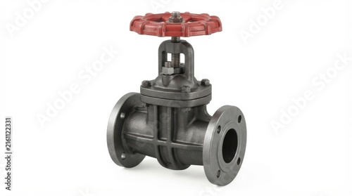 Industrial cast iron gate valve with vibrant red handwheel for fluid control systems isolated on white background