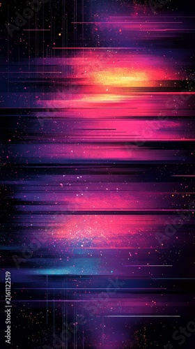 An abstract digital artwork featuring horizontal streaks of neon pink, purple, and blue with scattered glowing particles against.